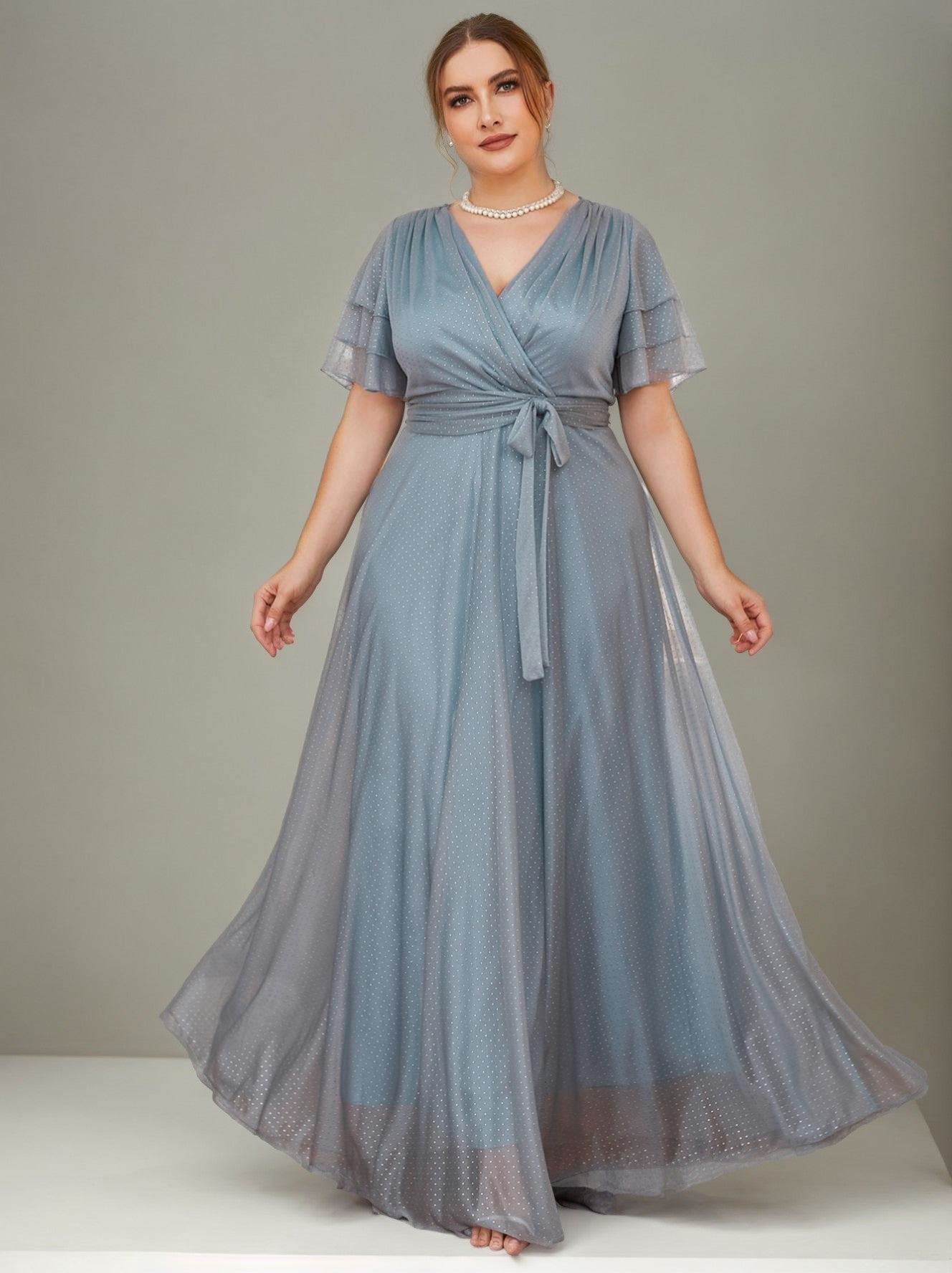 Curveins Plus Size Wrap V-Neck Batwing Sleeve Waist Tie Maxi Dress