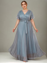 Curveins Plus Size Wrap V-Neck Batwing Sleeve Waist Tie Maxi Dress