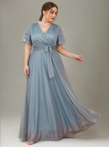 Curveins Plus Size Wrap V-Neck Batwing Sleeve Waist Tie Maxi Dress