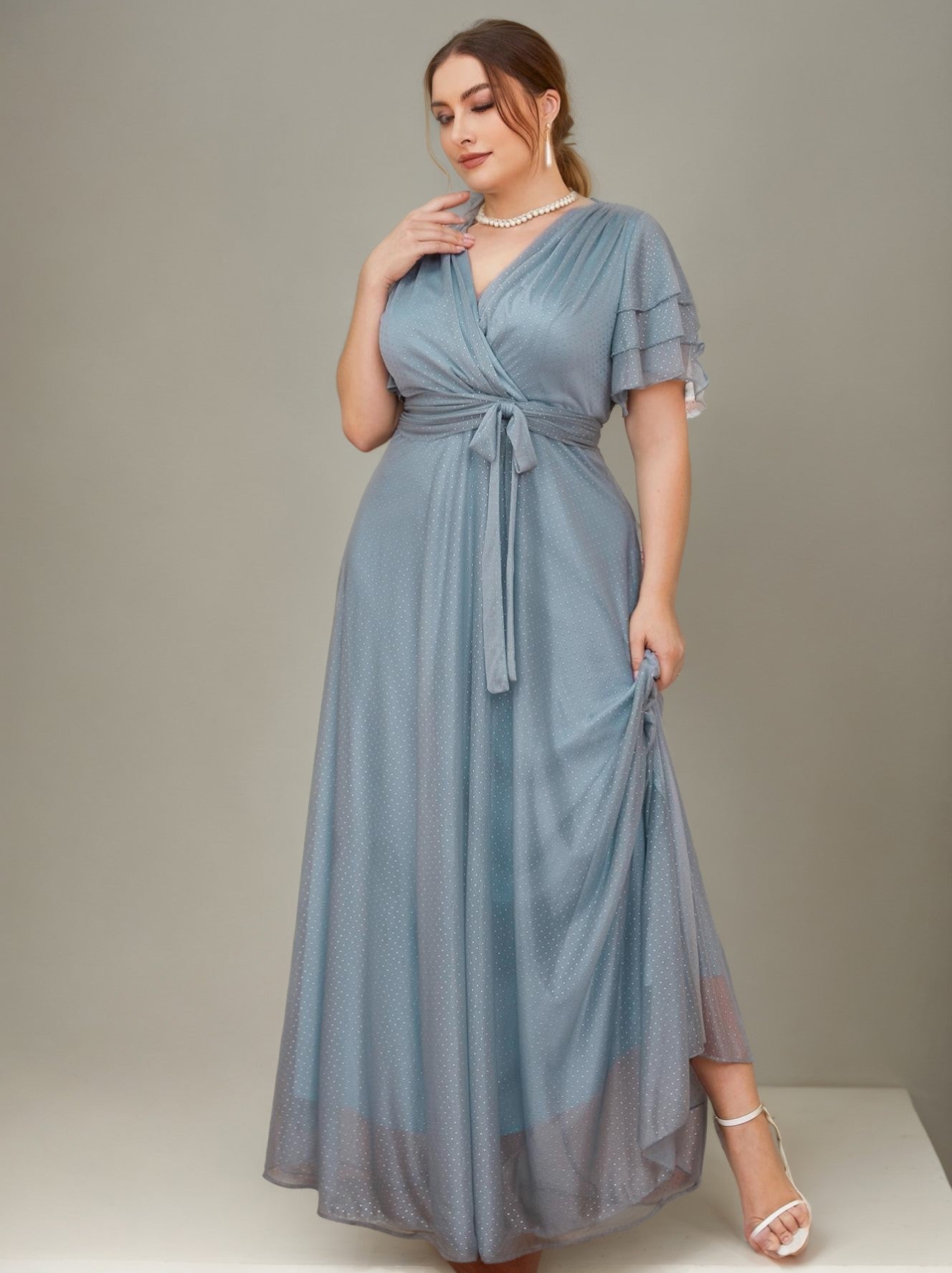 Curveins Plus Size Wrap V-Neck Batwing Sleeve Waist Tie Maxi Dress