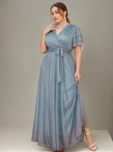 Curveins Plus Size Wrap V-Neck Batwing Sleeve Waist Tie Maxi Dress