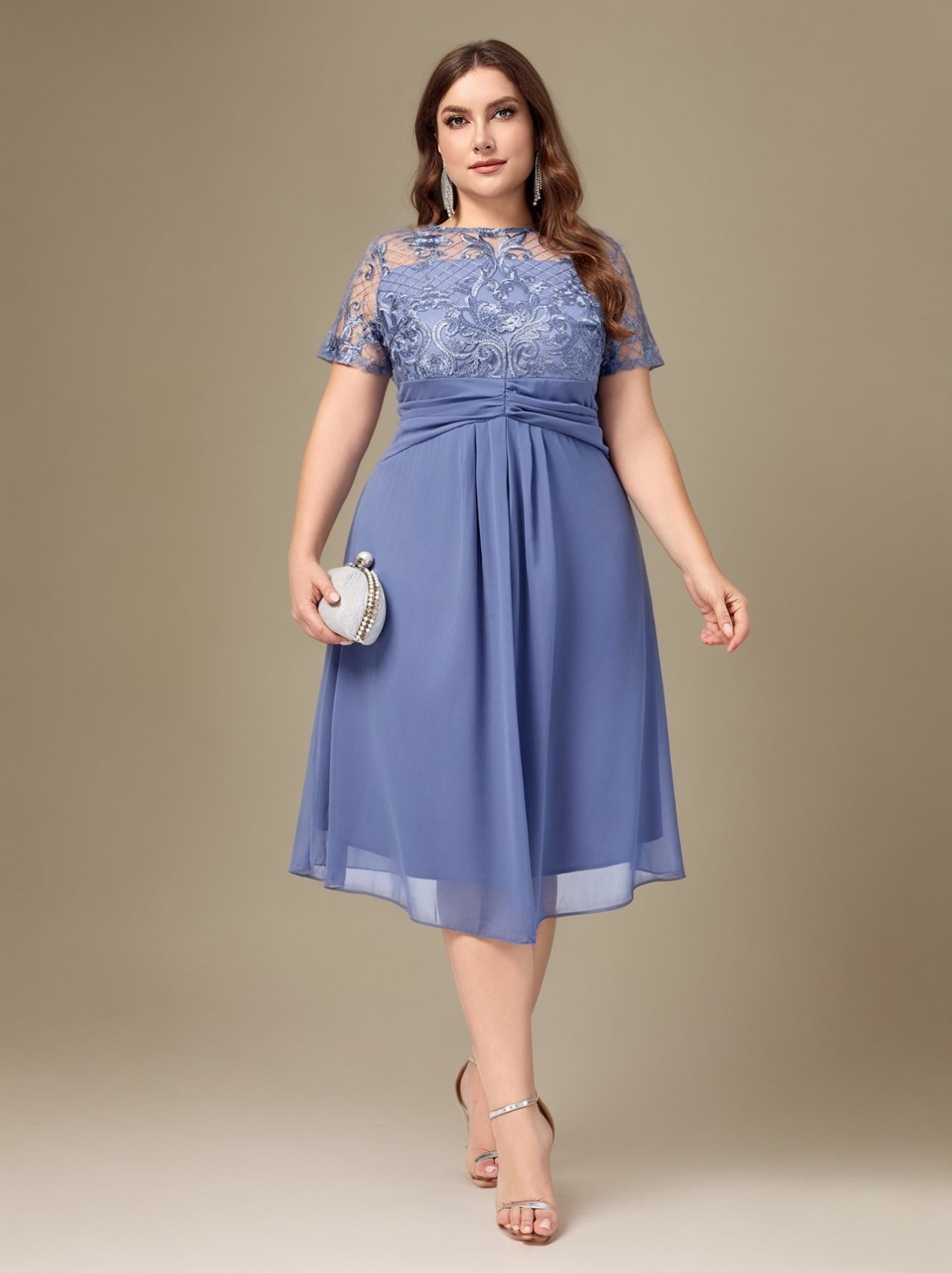 Curveins Plus Size Round Neck Lace Panel Chiffon Midi Dress