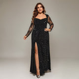 Curveins Plus Size Long Sleeves Side Slit Sequin Mermaid Maxi Dress