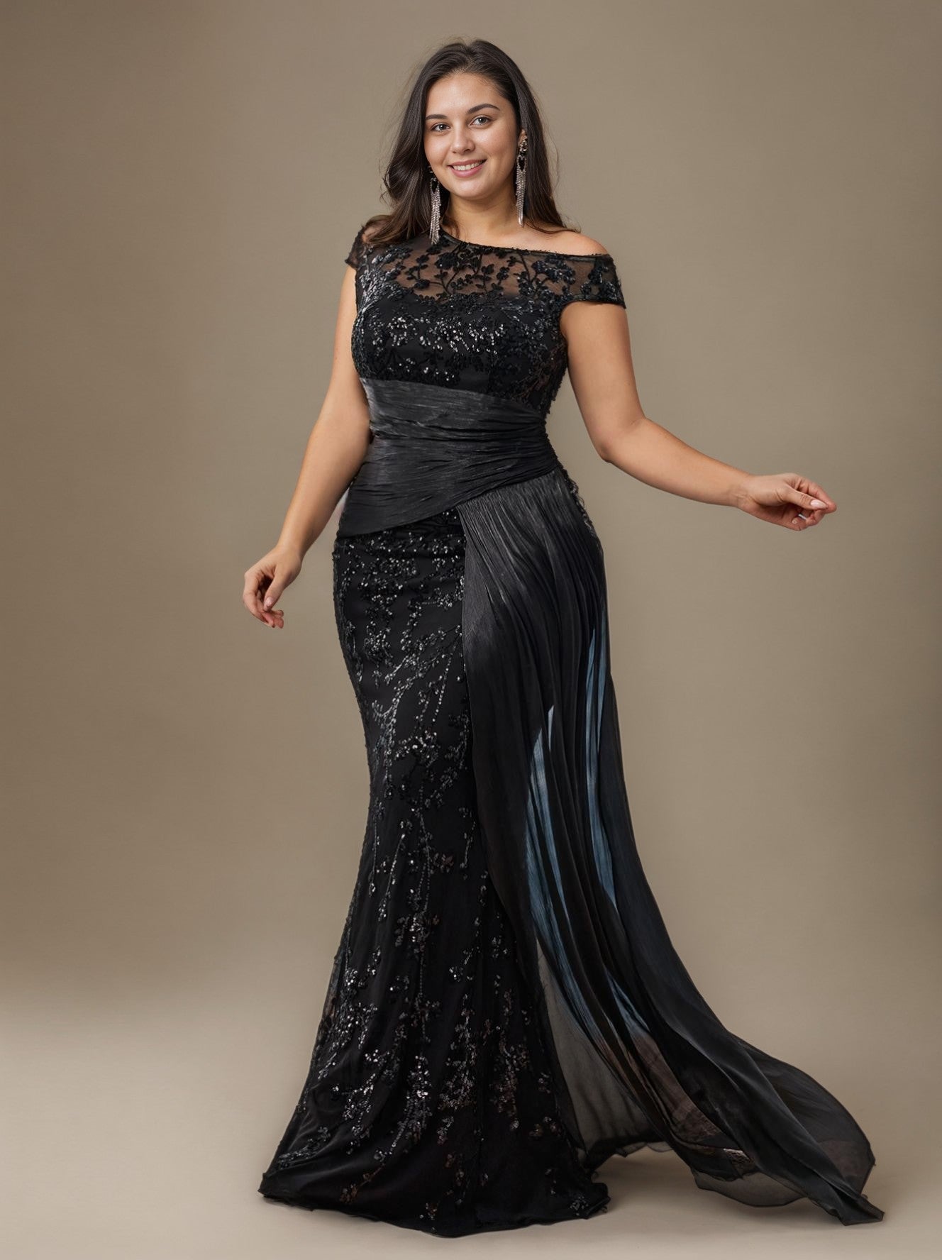 Curveins Plus Size One Shoulder Sleeveless Embroidered Sequin Patchwork Bodycon Maxi Dress