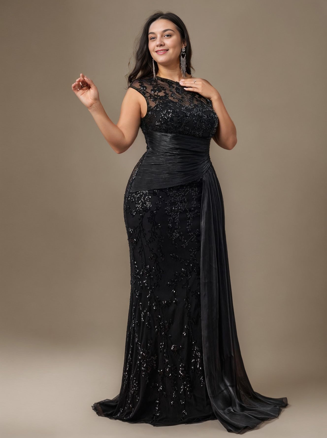 Curveins Plus Size One Shoulder Sleeveless Embroidered Sequin Patchwork Bodycon Maxi Dress