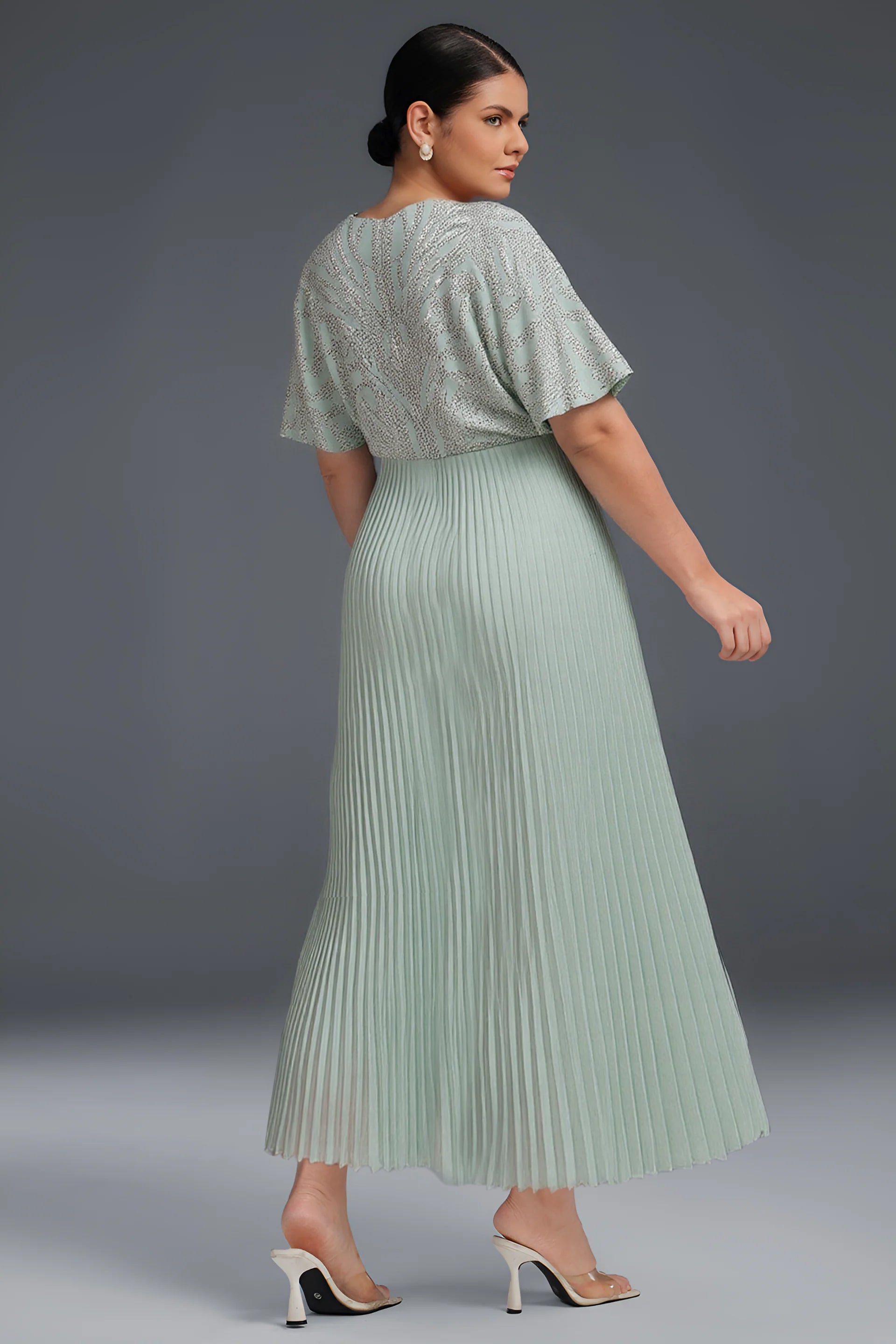 Curveins Plus Size V-Neck Sequin Glitter High-Low Maxi Dress