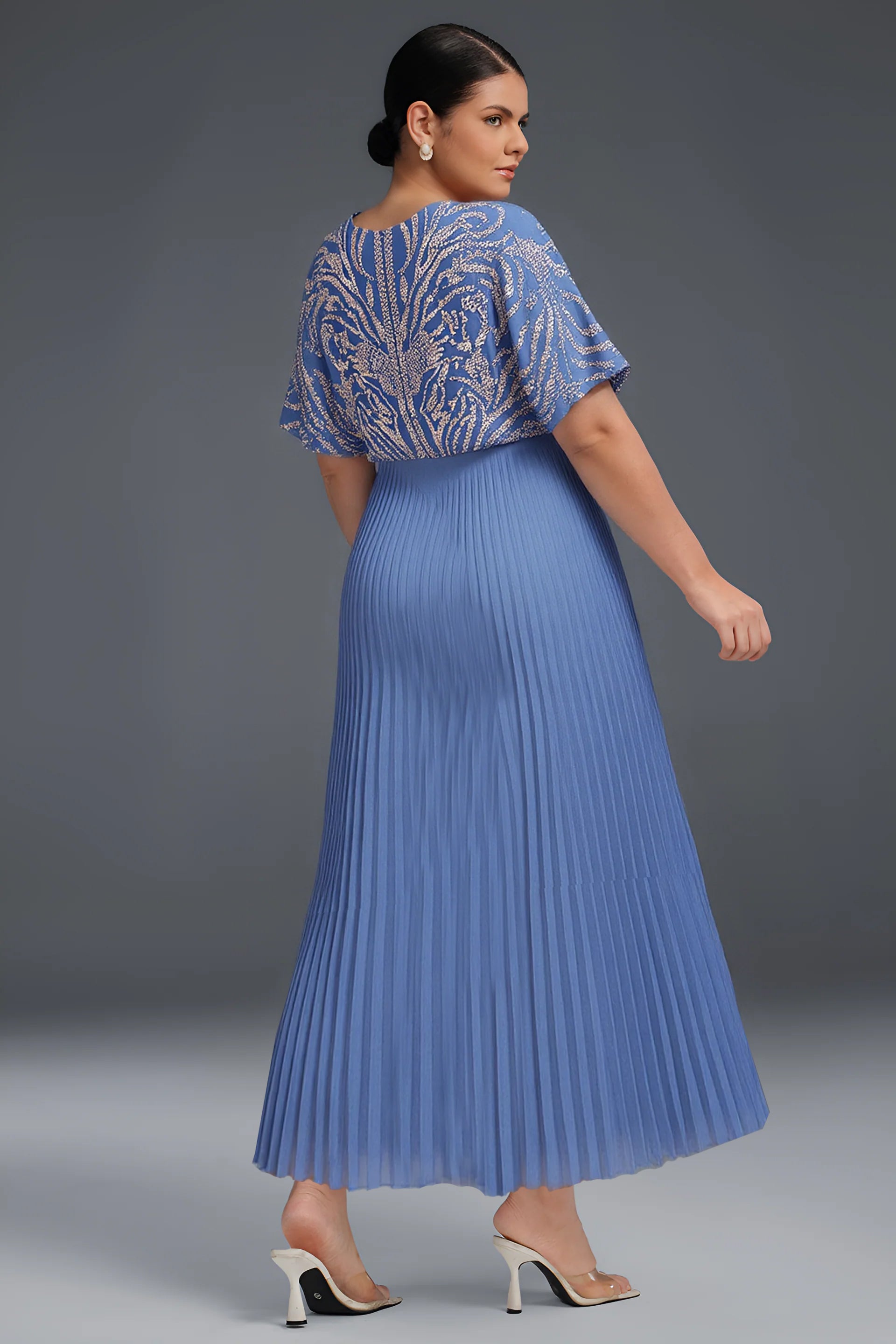 Curveins Plus Size V-Neck Sequin Glitter High-Low Maxi Dress