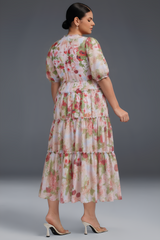 Curveins Plus Size Round Neck Floral Wrap Waist Tiered Maxi Dress