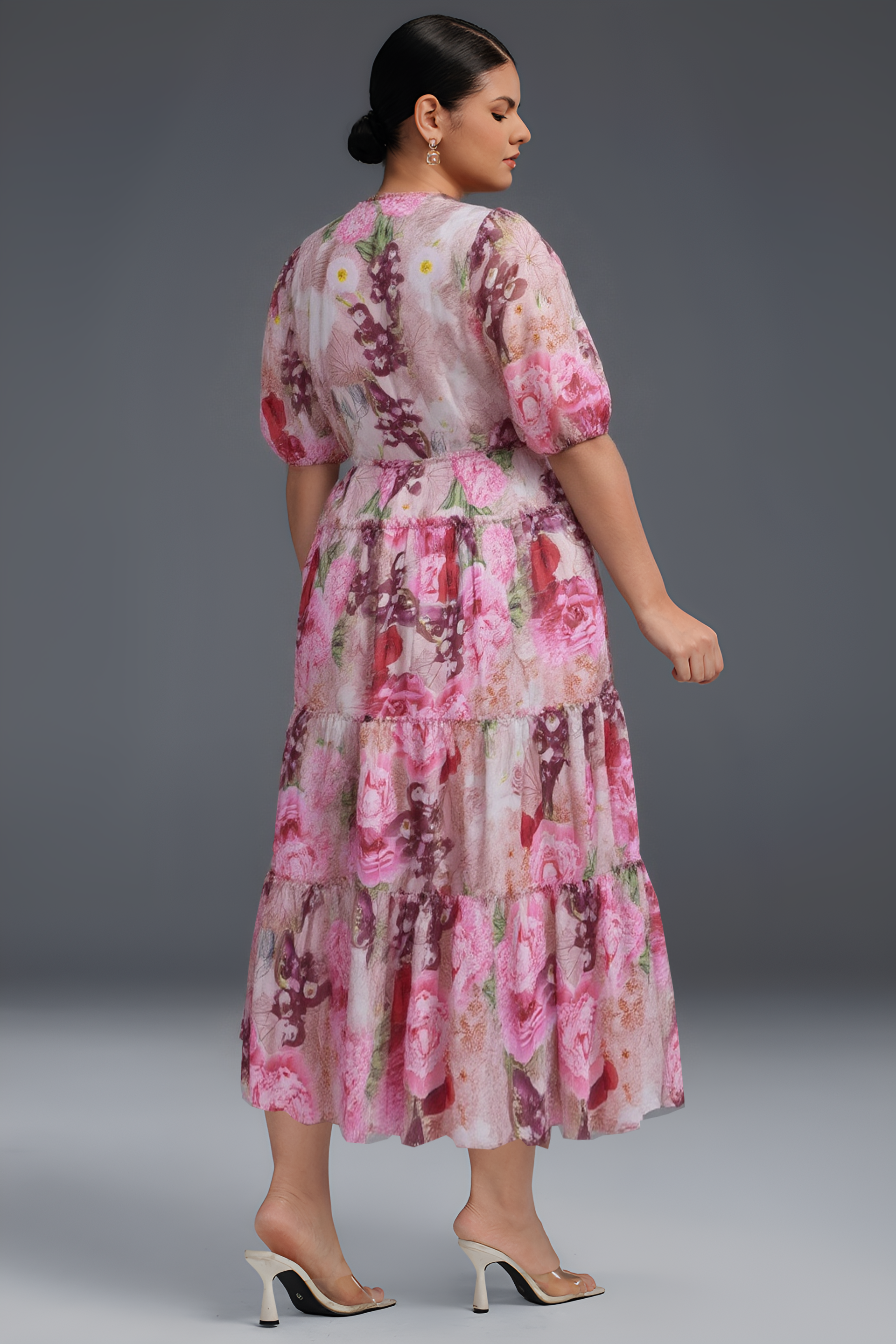 Curveins Plus Size Round Neck Floral Wrap Waist Tiered Maxi Dress