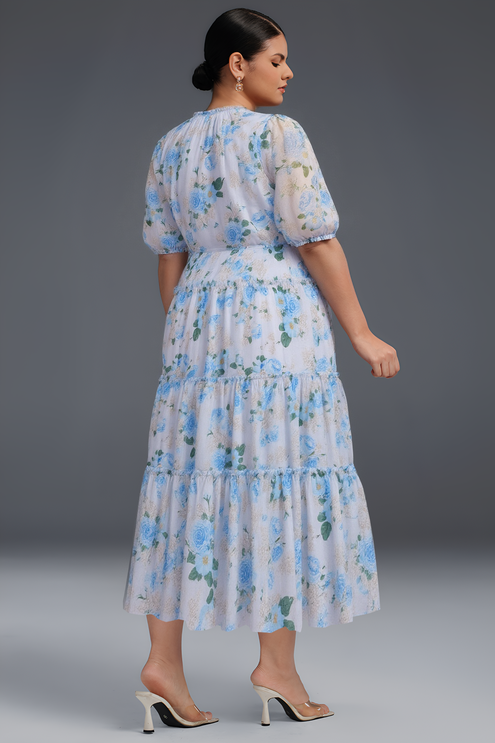 Curveins Plus Size Round Neck Floral Wrap Waist Tiered Maxi Dress
