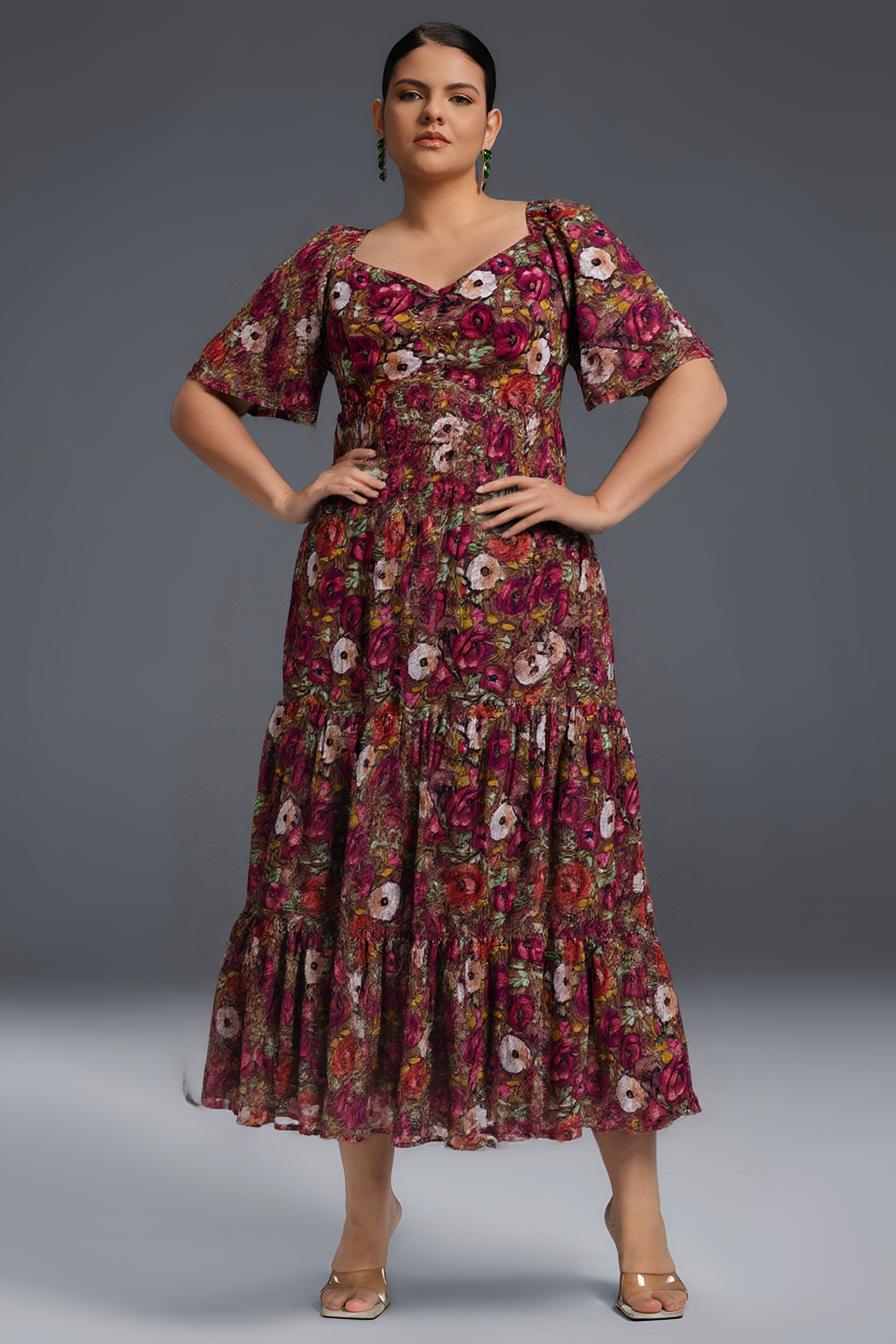 Curveins Plus Size V-Neck Flower Print Pleated Maxi Dress