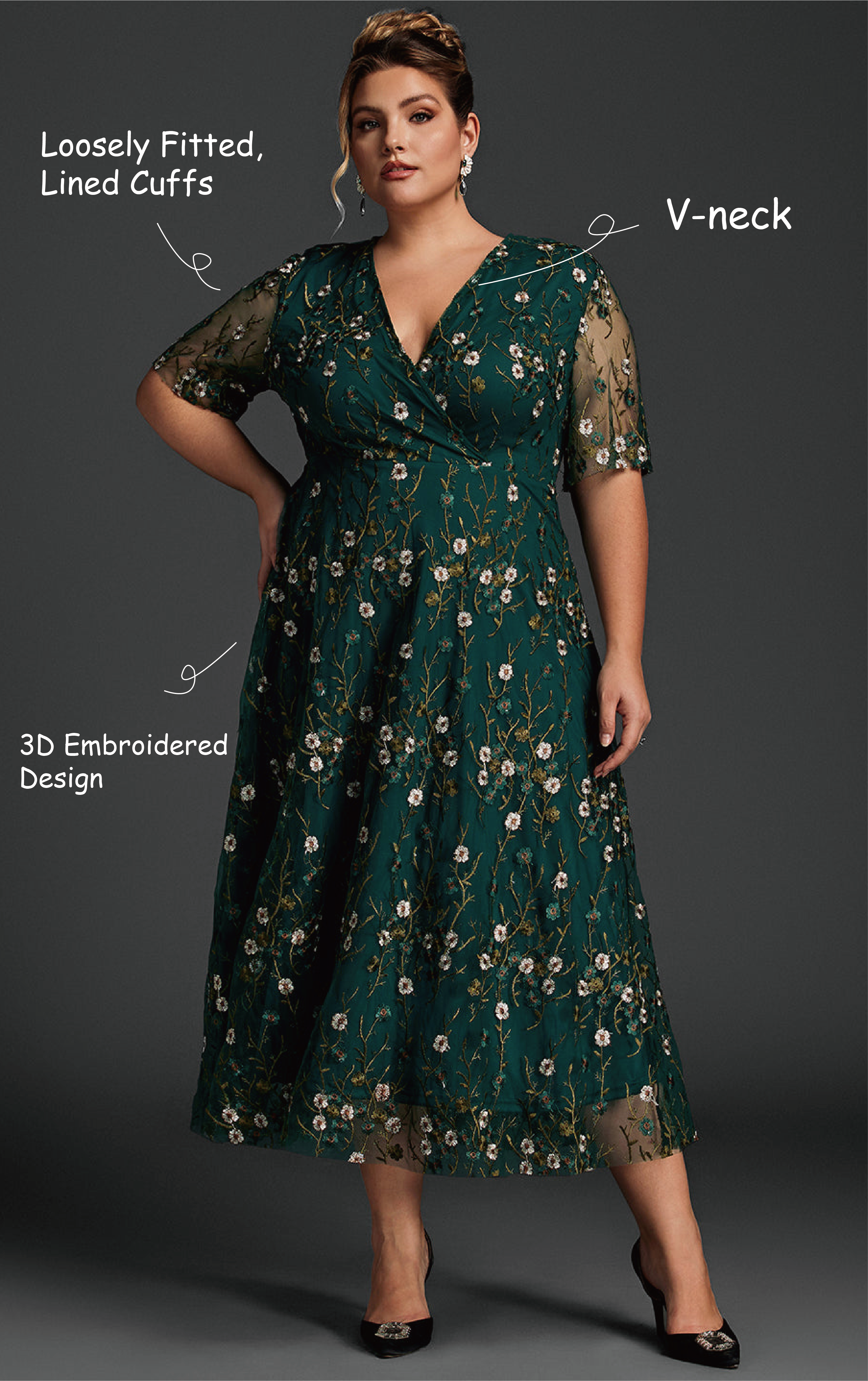 Curveins Plus Size V-Neck Ruffle Sleeve Embroidered Maxi Dress