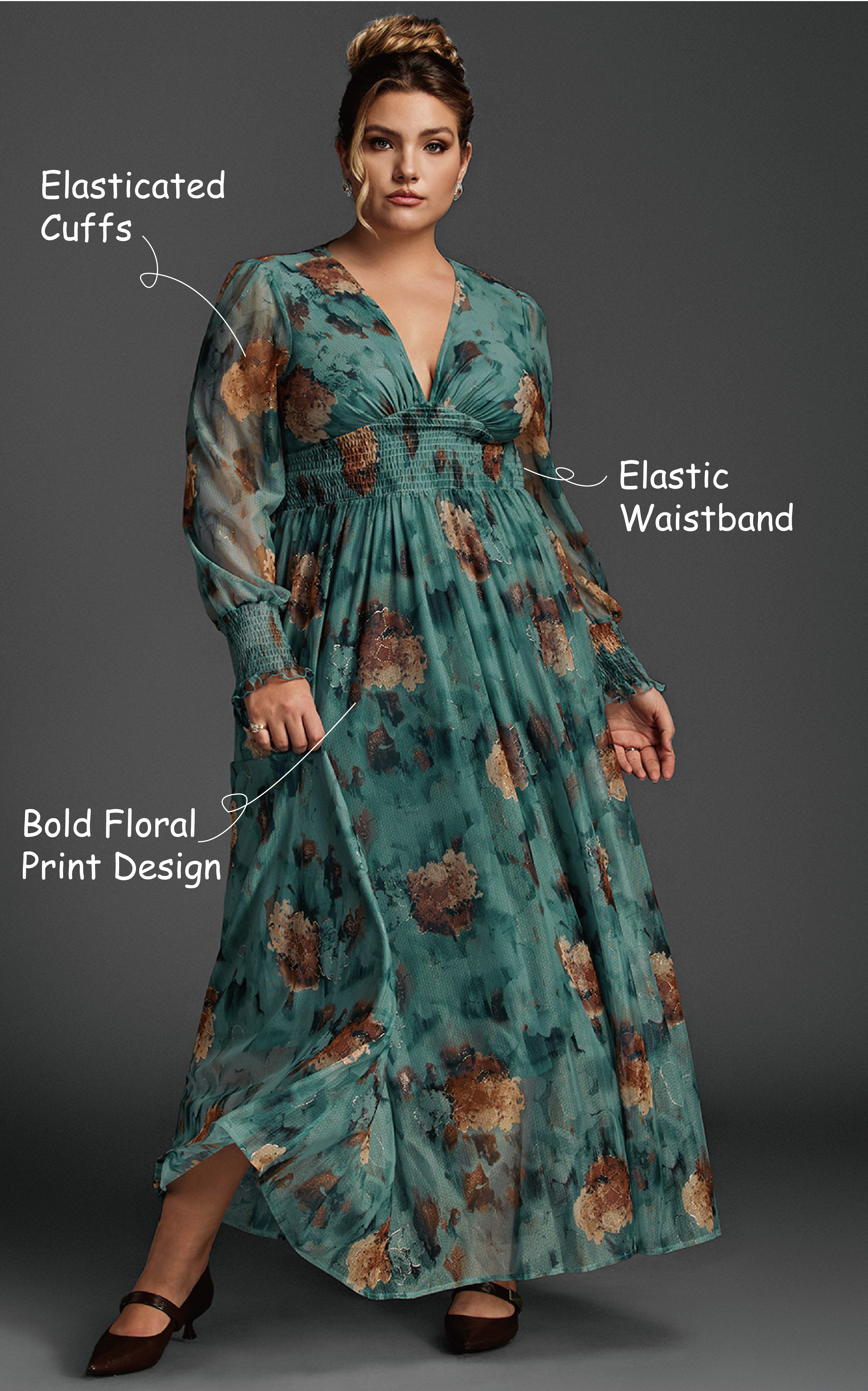 Curveins Plus Size V-Neck Floral Mesh Maxi Dress