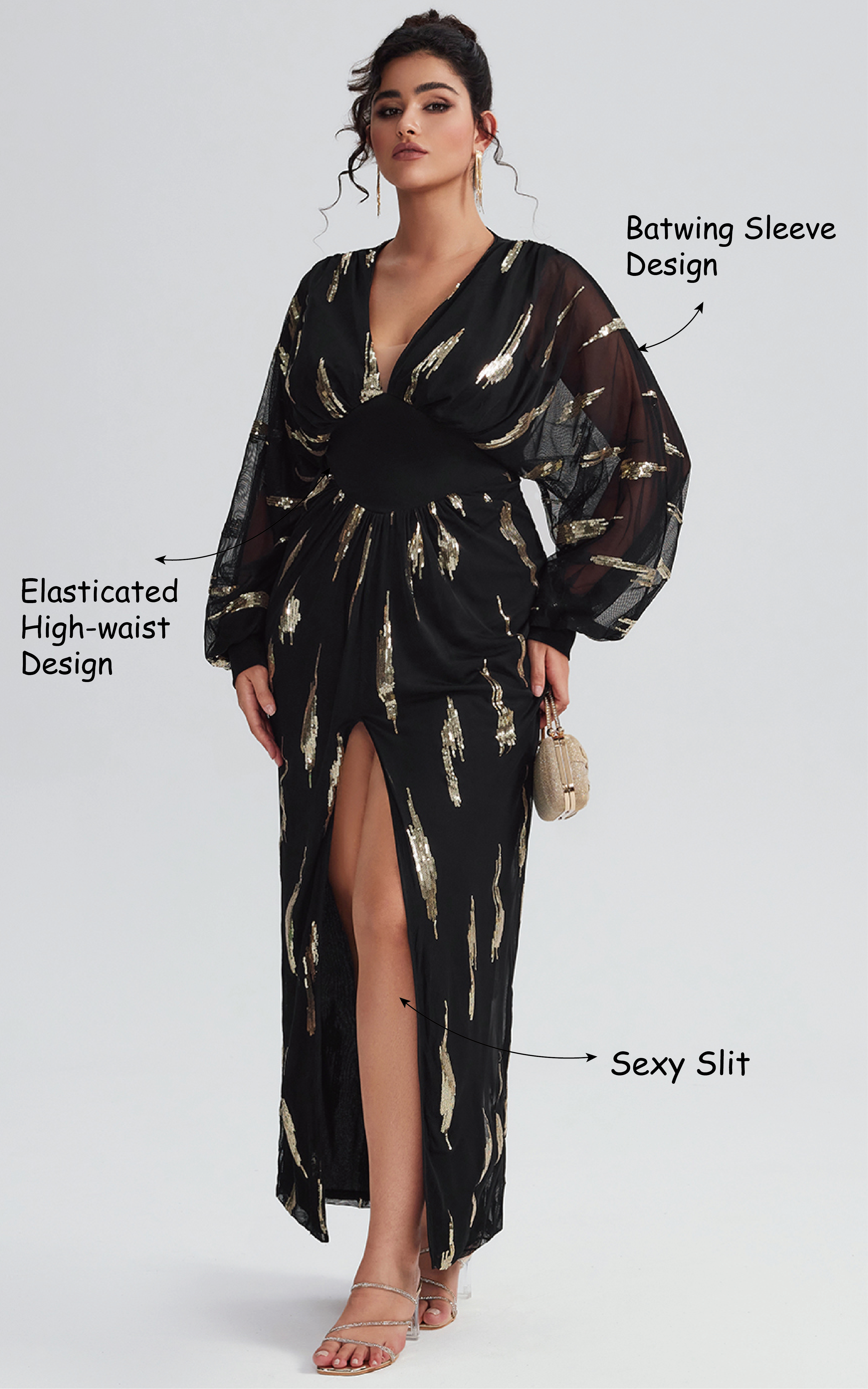 Curveins Plus Size V Neck Sequins Lantern Sleeve Slit Mesh Dress