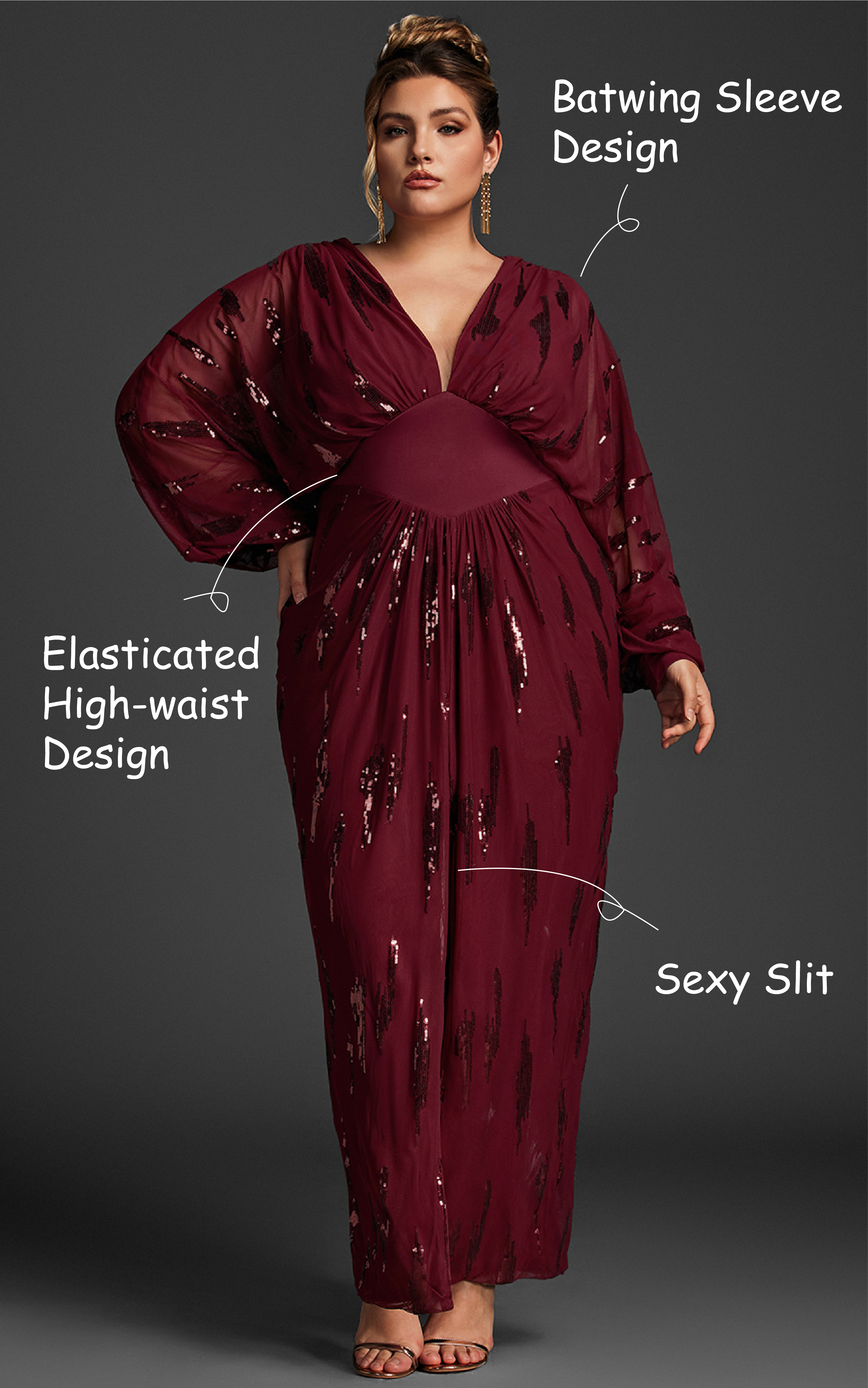 Curveins Plus Size V Neck Sequins Lantern Sleeve Slit Mesh Dress