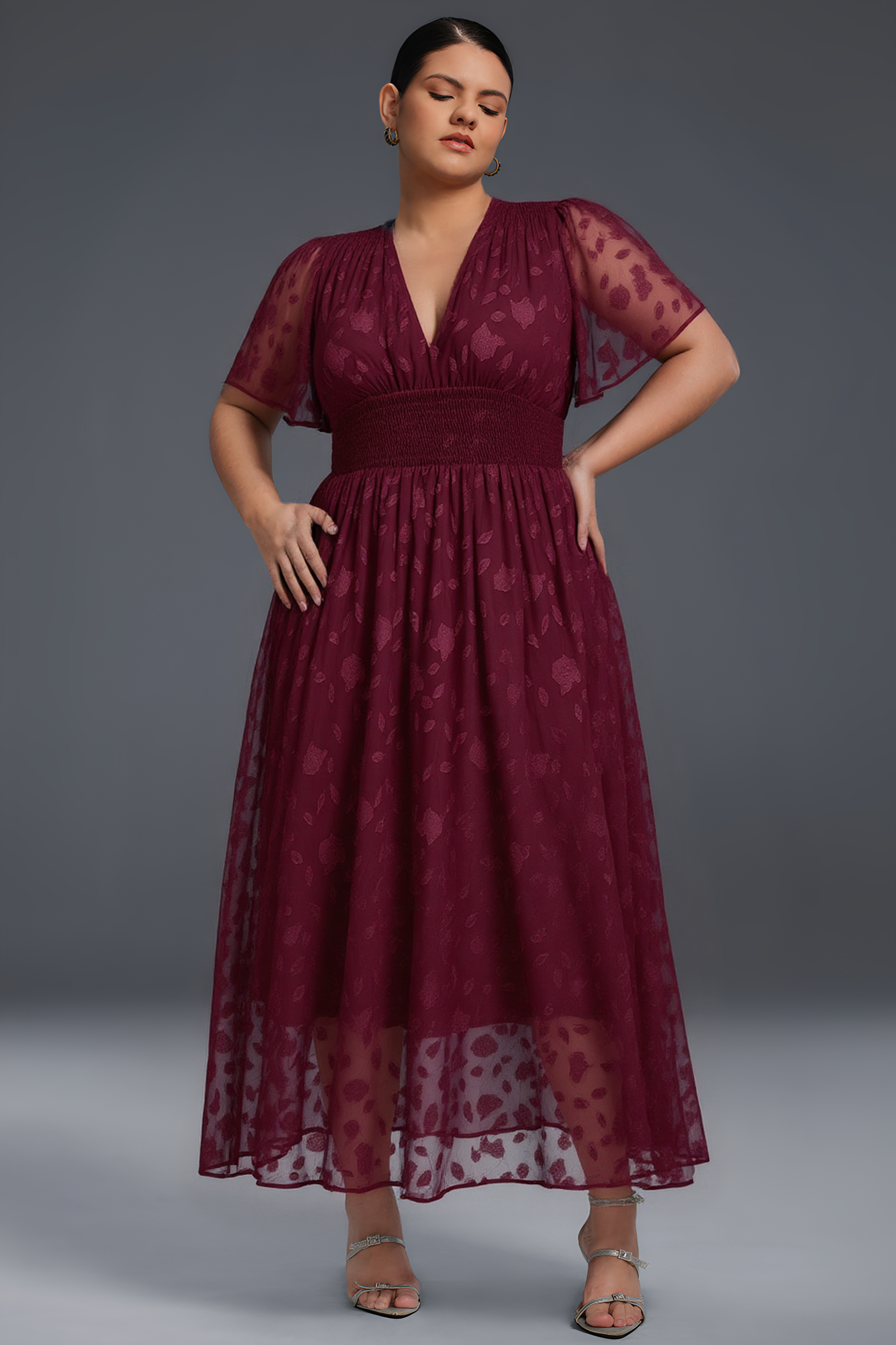 Curveins Plus Size V-Neck High-Waist Pleated Maxi Dress