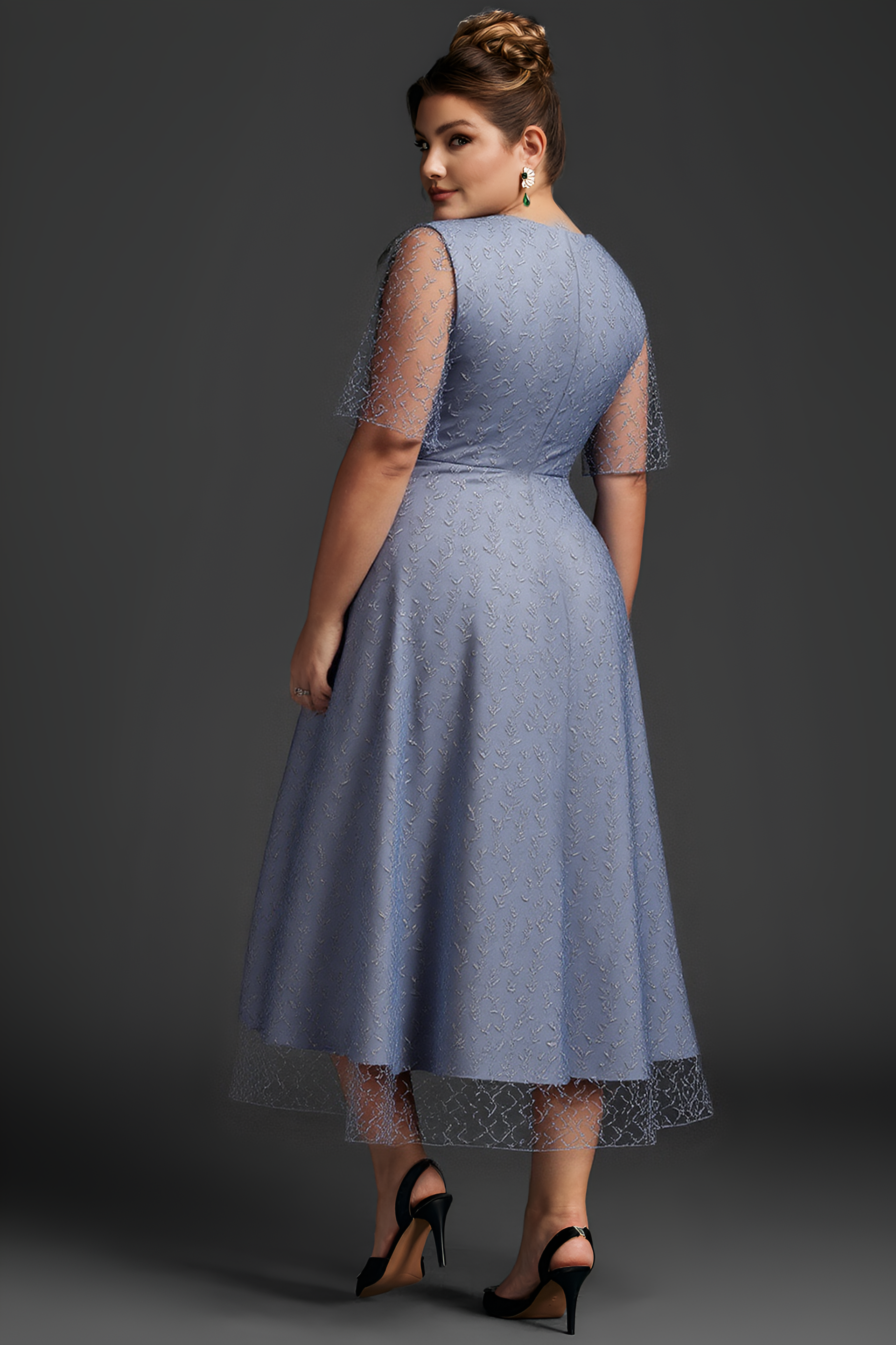 Curveins Plus Size V-Neck Ruffle Sleeve Embroidered Maxi Dress