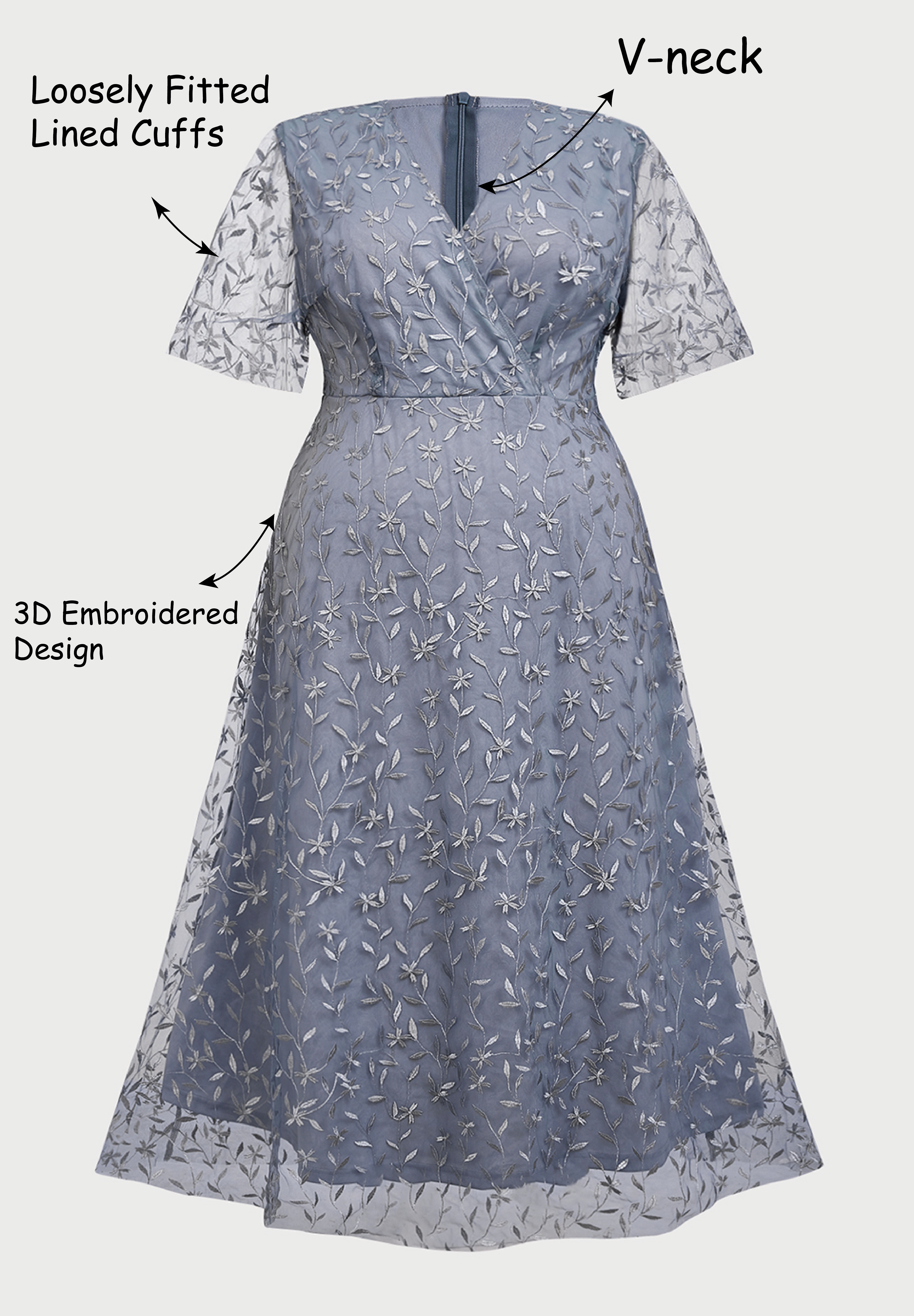 Curveins Plus Size V-Neck Ruffle Sleeve Embroidered Maxi Dress