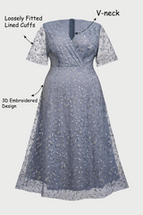 Curveins Plus Size V-Neck Ruffle Sleeve Embroidered Maxi Dress