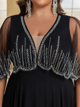 Curveins Plus Size V-Neck and A-Line Silhouette Sparkly Cape Evening Dress