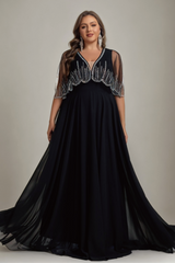 Curveins Plus Size V-Neck and A-Line Silhouette Sparkly Cape Evening Dress