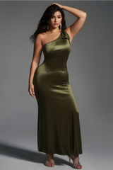 Curveins Plus Size One-Shoulder Slit Velvet Maxi Dress