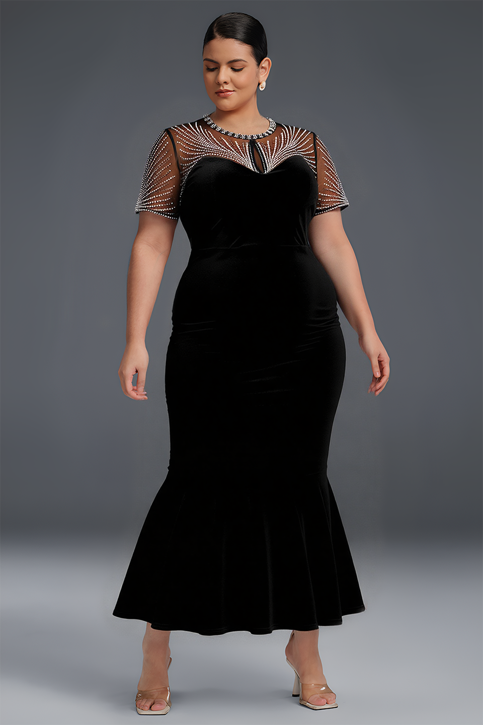 Curveins Plus Size Round Neck Sequin Mermaid Velvet Maxi Dress
