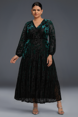 Curveins Plus Size V-Neck Flowy Bell Sleeves Pleated Velvet Maxi Dress