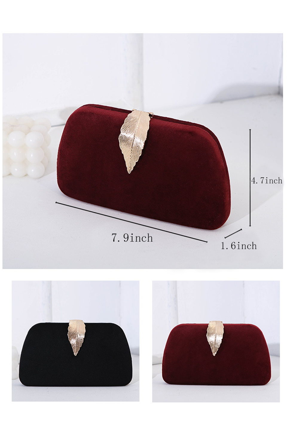 Curveins Elegant Velvet Metal Leaf Clutch Chic Compact Design Bag
