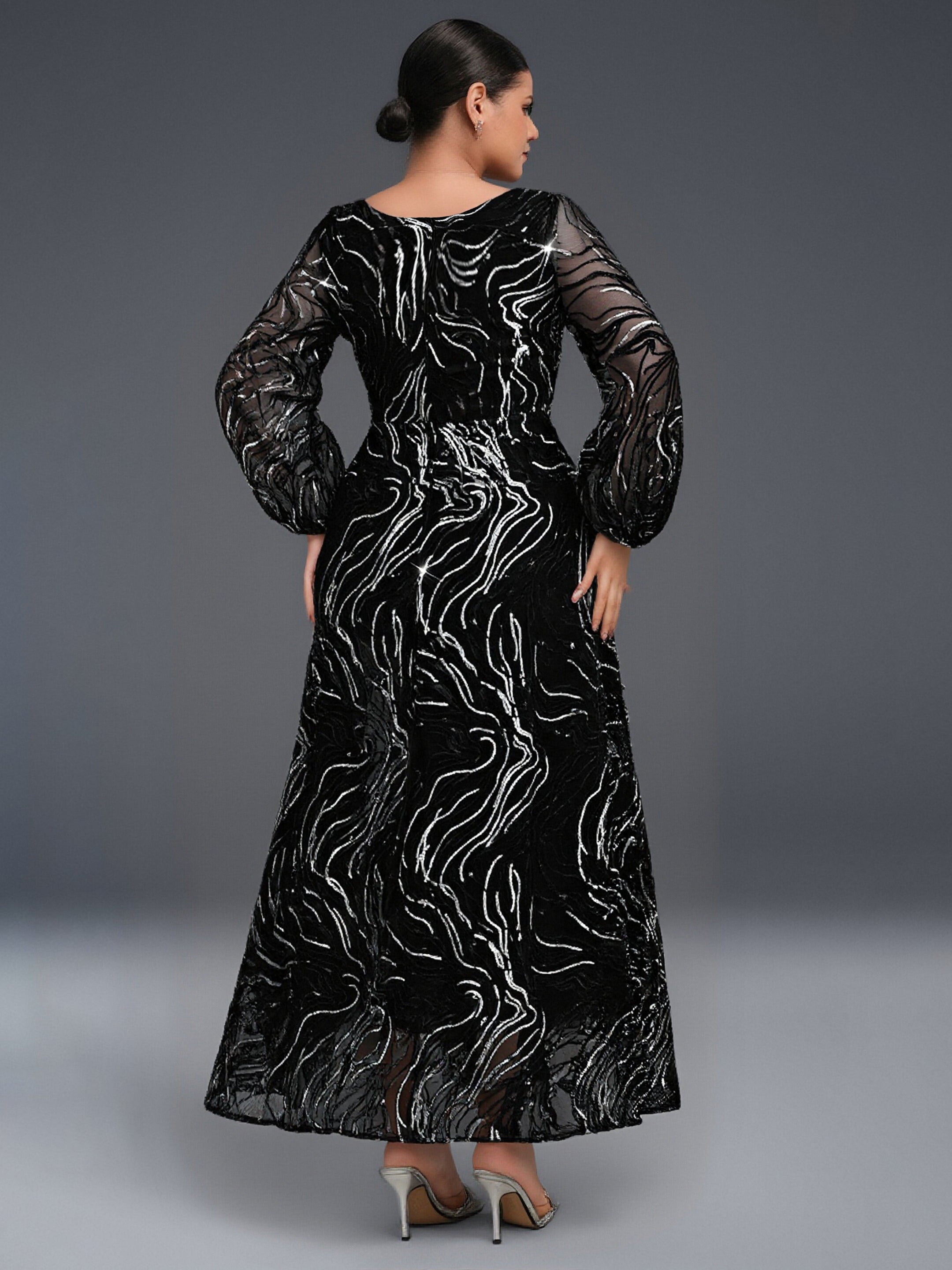 Curveins Plus Size Square Neck Long Sleeve Striped Sequin A-Line Maxi Dress