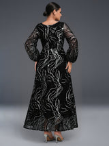 Curveins Plus Size Square Neck Long Sleeve Striped Sequin A-Line Maxi Dress