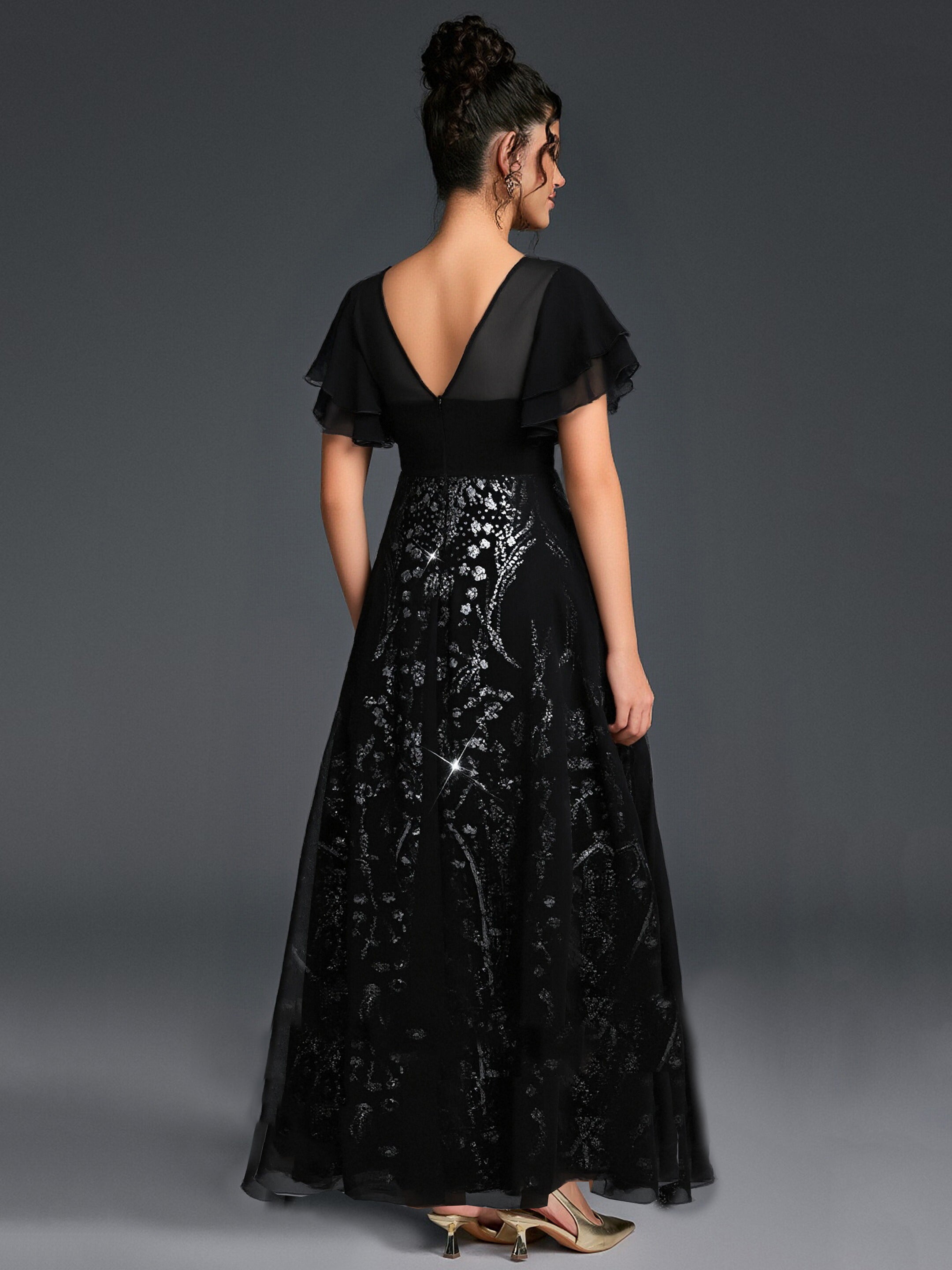 Curveins Plus Size Round Neck Ruffle Floral Sleeve Sequin Maxi Dress