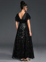 Curveins Plus Size Round Neck Ruffle Floral Sleeve Sequin Maxi Dress