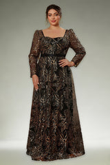 Curveins Plus Size Square Neck Long Sleeve Waist-Defined Sequin Pattern Dress