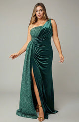 Curveins Plus Size One Shoulder Sequin Patchwork High Slit Maxi Dress