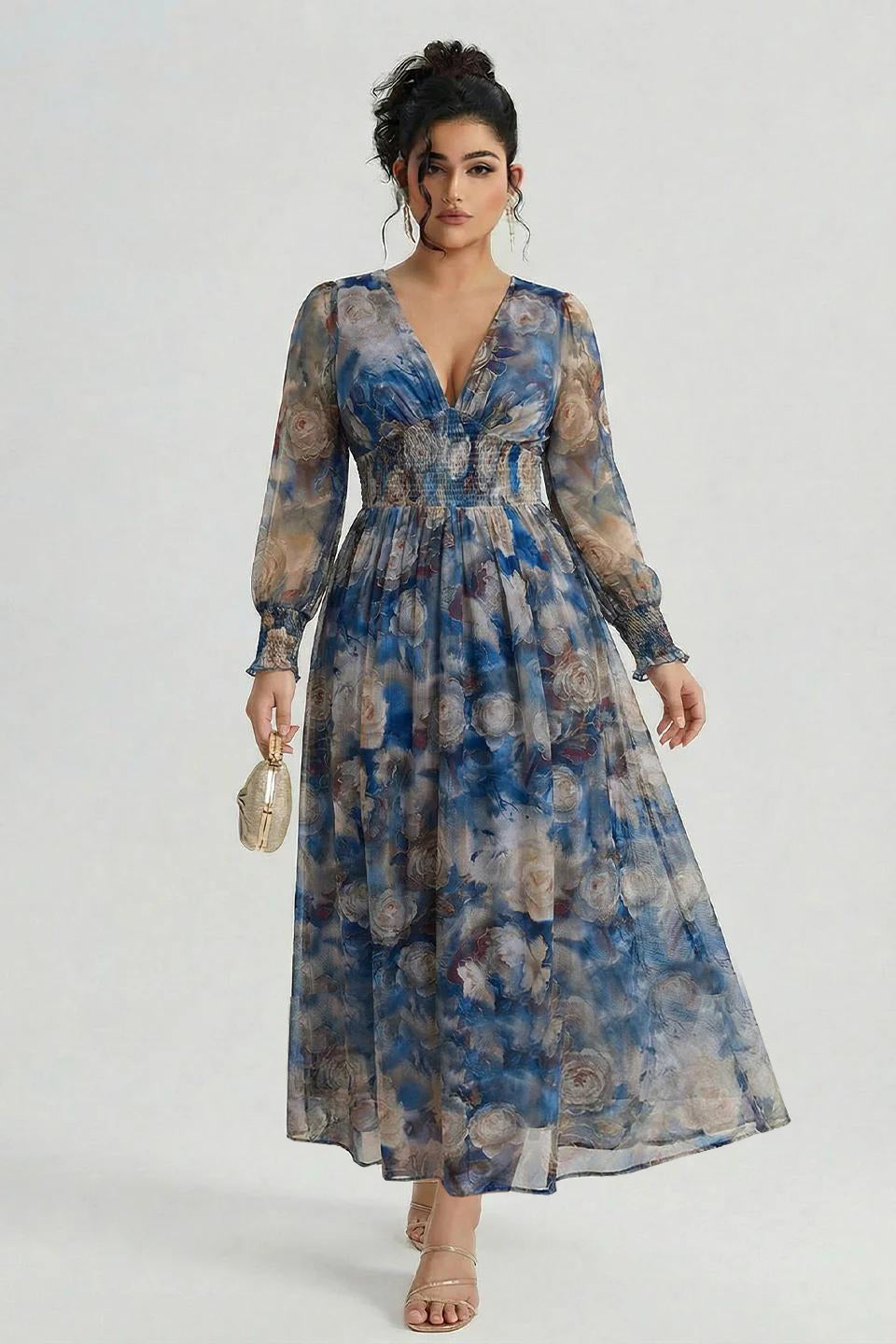 Curveins Plus Size V Neck Long Sleeve Floral Waist Maxi Dress
