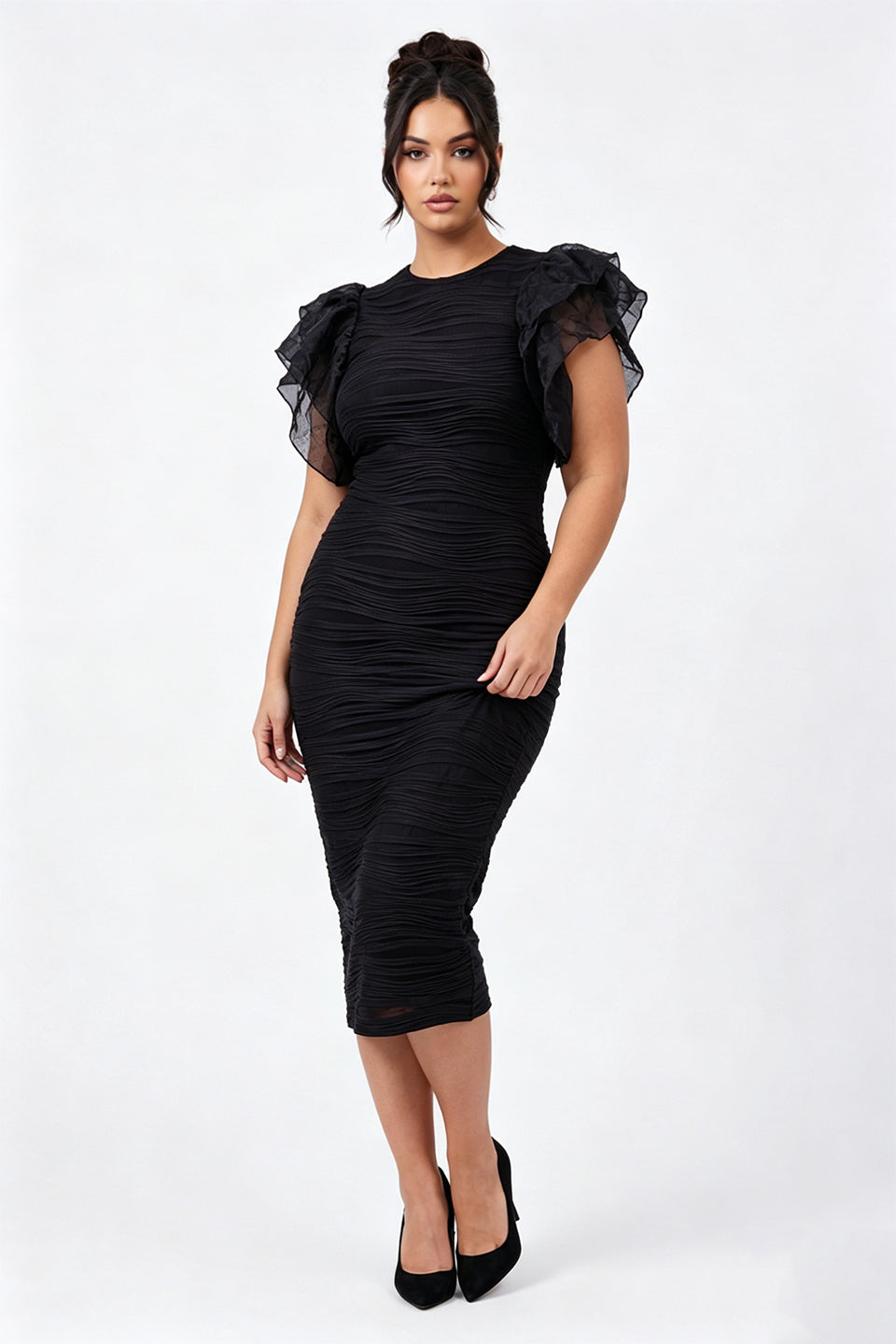 Curveins Plus Size Ruffle Sleeve Color Block Bodycon Midi Dress Elegant Fit