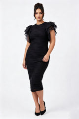 Curveins Plus Size Ruffle Sleeve Color Block Bodycon Midi Dress Elegant Fit