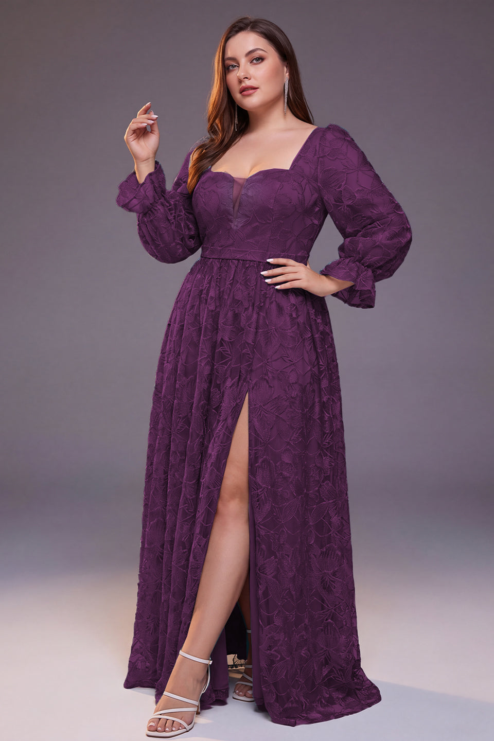 Curveins Plus Size Floral V Neck Long Sleeve Split Elegant Flowy Feminine Maxi Dress