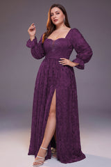 Curveins Plus Size Floral V Neck Long Sleeve Split Elegant Flowy Feminine Maxi Dress