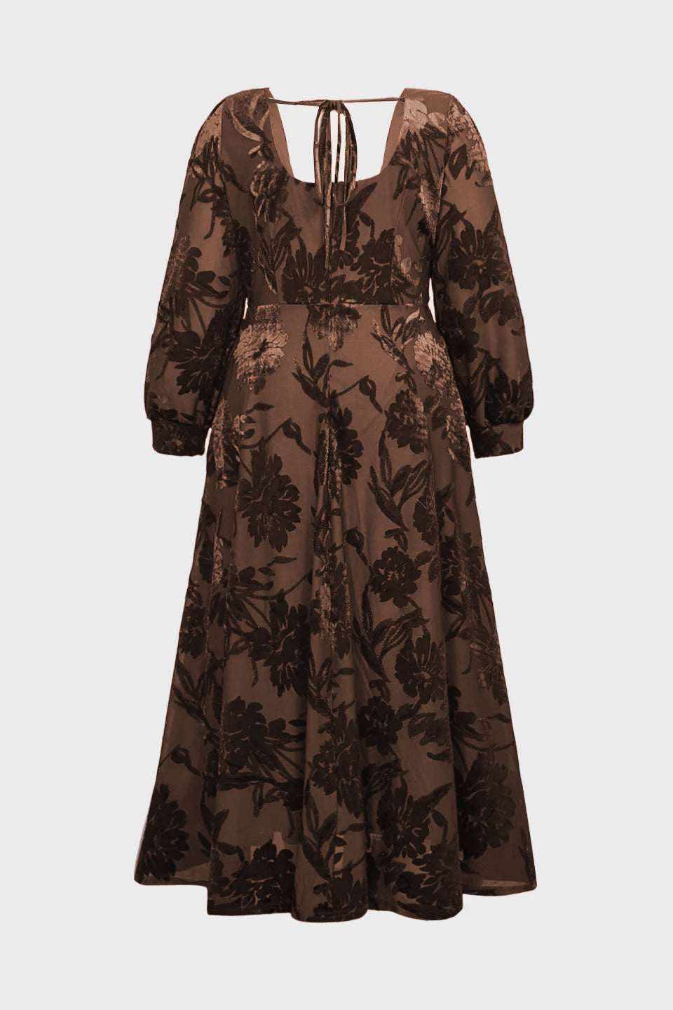 Curveins Plus Size Elegant Square Neck Long Sleeve Floral Print Velvet Split Maxi Dress