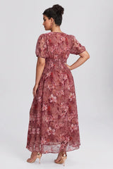 Curveins Plus Size V Neck Short Sleeve Floral Ruched Waist Flowy Elegant Maxi Dress
