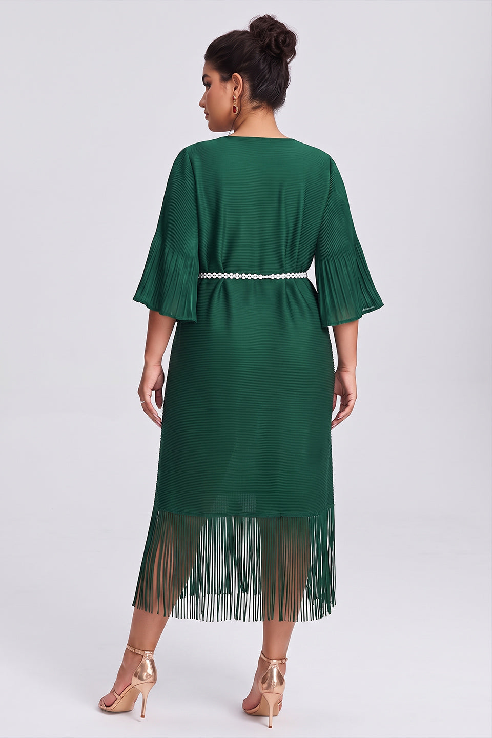 Curveins Plus Size Crew Neck Long Sleeve Stretch Fringe Hem Belted Midi Dress