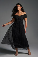 Curveins Plus Size Patchwork Mesh Off Shoulder Maxi Dress