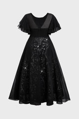 Curveins Plus Size Round Neck Ruffle Floral Sleeve Sequin Maxi Dress