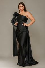 Curveins Plus Size Elegant One Shoulder 3D Floral Sash Detail High Slit Bodycon Maxi Dress