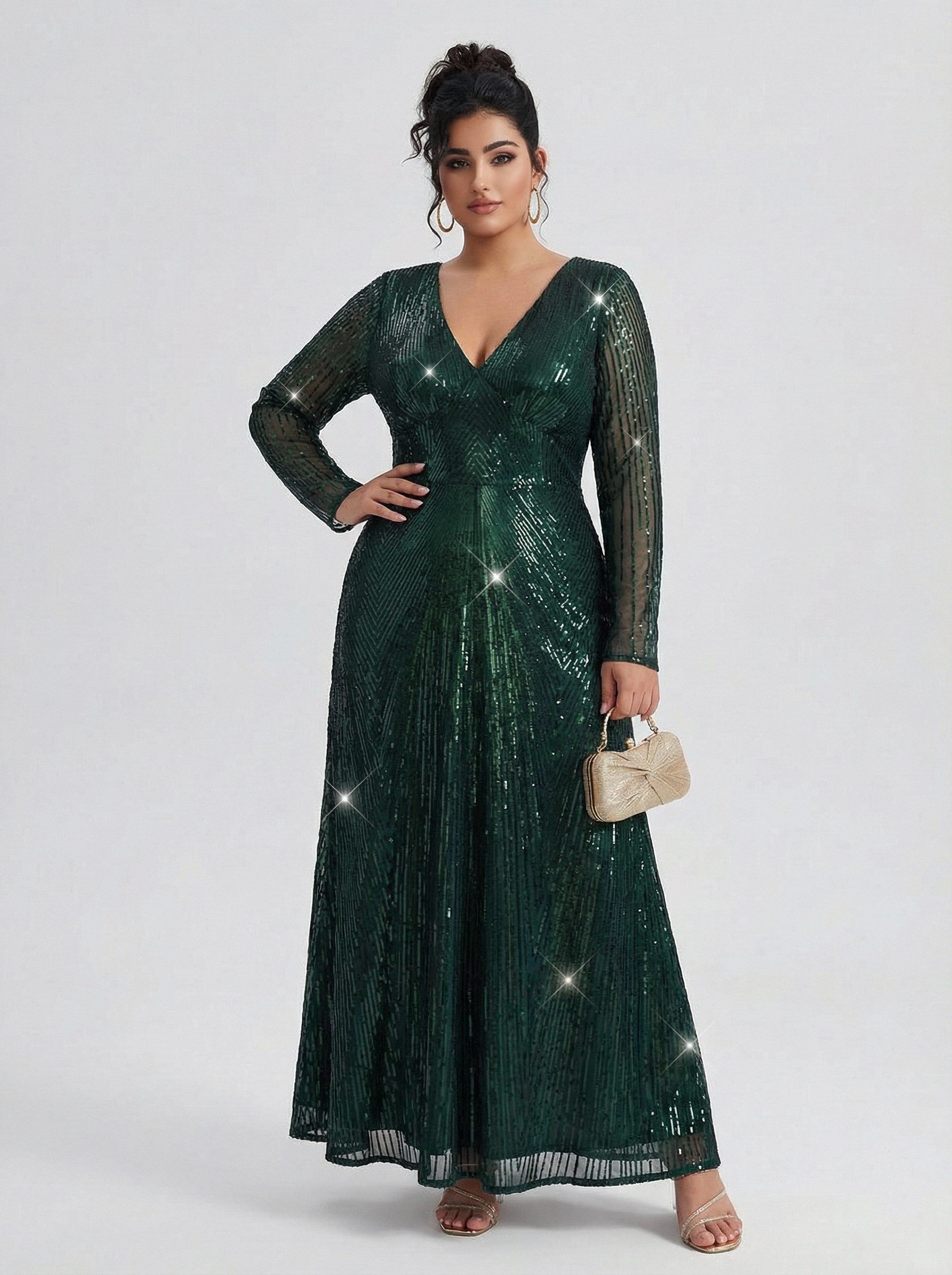 Curveins Plus Size V Neck Long Sleeve Sequin Maxi Dress