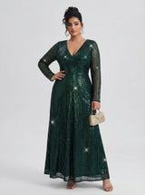 Curveins Plus Size V Neck Long Sleeve Sequin Maxi Dress