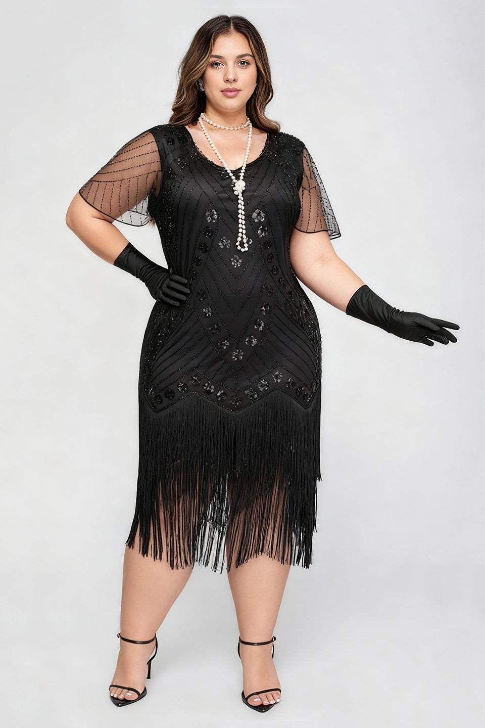 Curveins 1920s Black Stella Plus Size Sequin Fringe Flapper Gatsby Dress