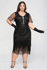 Curveins 1920s Black Stella Plus Size Sequin Fringe Flapper Gatsby Dress